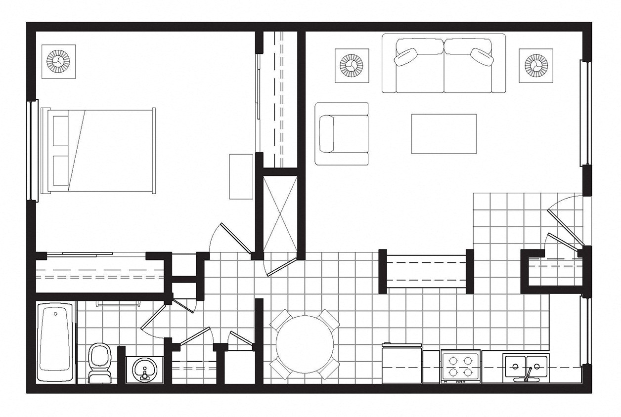 Floor plan for 1 bed, 1 bath, 695 sqft